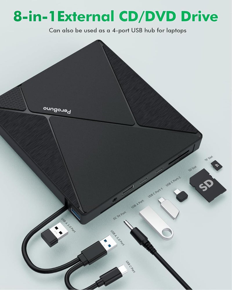 PeroBuno External CD DVD Drive, USB 3.0 Optical Disc Drive, 4 USB Ports and 2 TF/SD Card Slots, CD DVD Burner Writer Reader Player for Laptop MacBook PC Windows 11/10/8/7 Linux OS with Carrying Case - Image 2